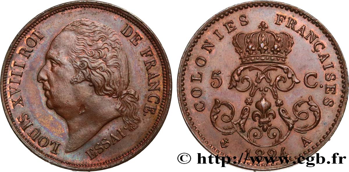 COLONIAS FRANCESAS - Louis XVIII 5 Centimes ESSAI 1824 Paris EBC 