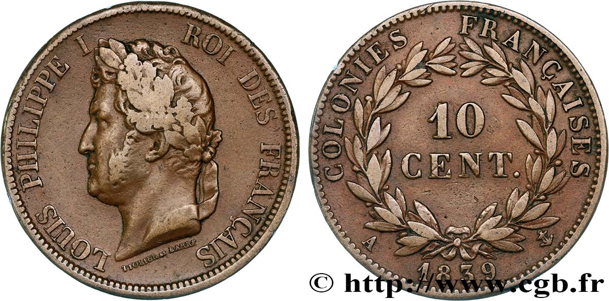COLONIAS FRANCESAS - Louis-Philippe para Guadalupe 10 Centimes Louis-Philippe 1839 Paris BC+ 