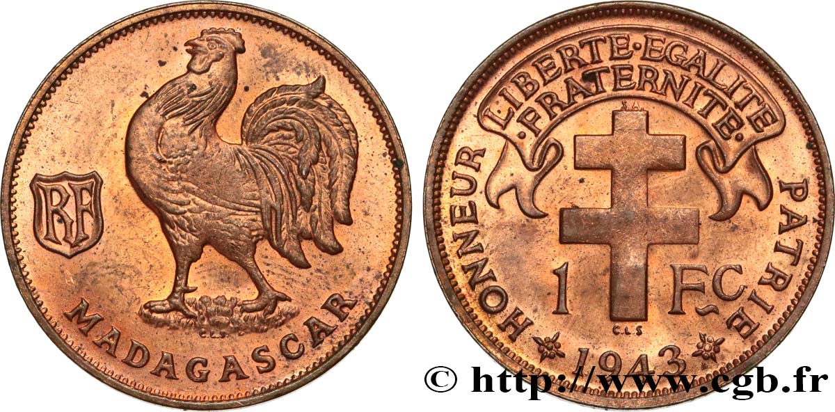 MADAGASCAR - Fuerzas Francesas Libres 1 Franc 1943 Prétoria EBC+ 