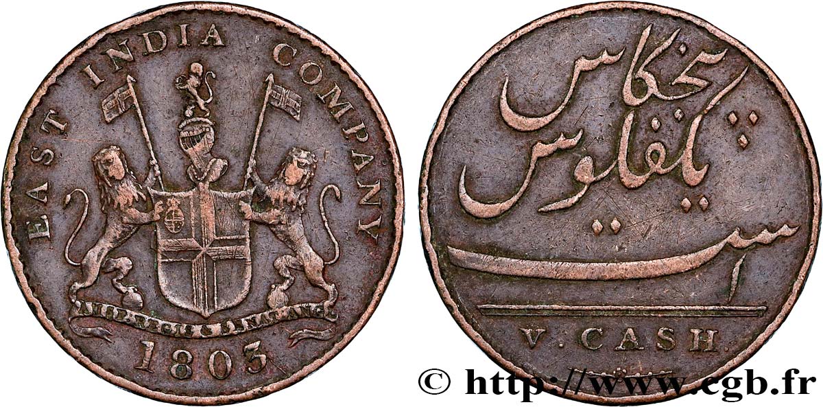 ÎLE DE FRANCE (ÎLE MAURICE) V (5) Cash East India Company 1803 Madras TB+ 