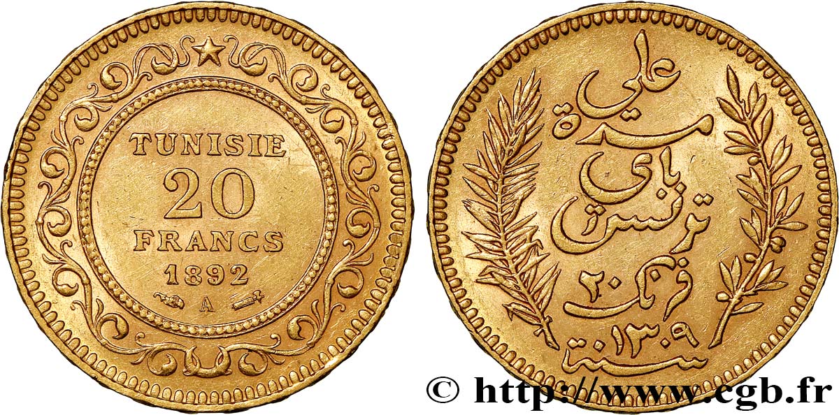 INVESTMENT GOLD 20 Francs or Bey Ali AH1310 1892 Paris fVZ 
