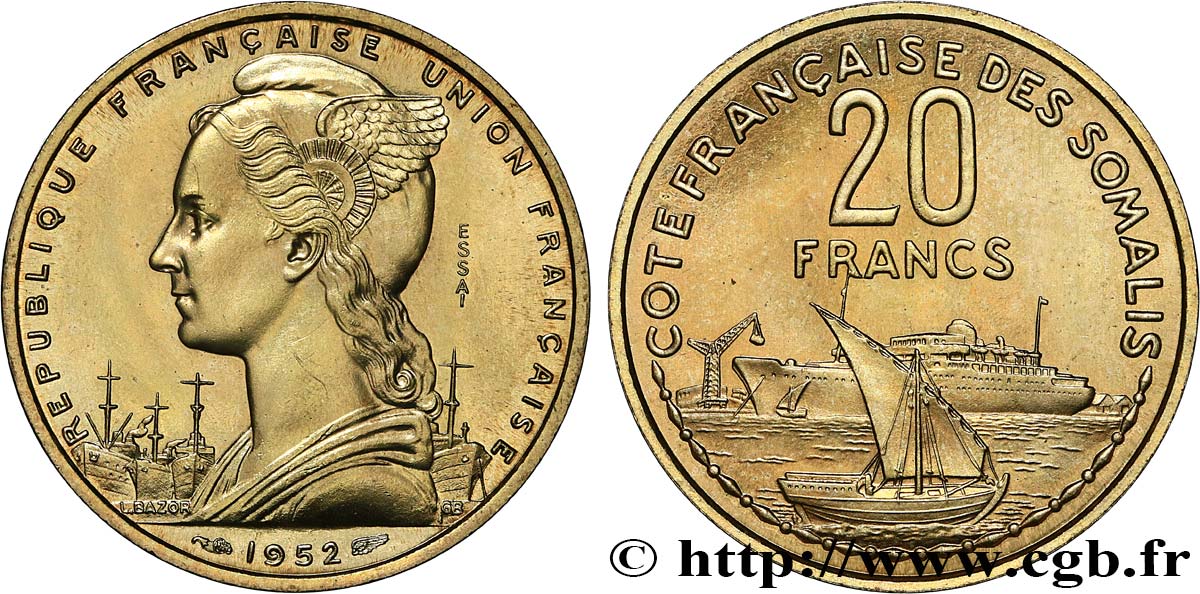 SOMALIA FRANCESE Essai de 20 Francs Marianne / port 1952 Paris FDC 