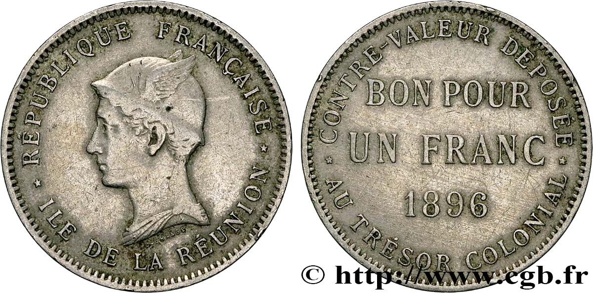 REUNIóN - TERCERA REPUBLICA 1 Franc 1896 Paris BC+ 