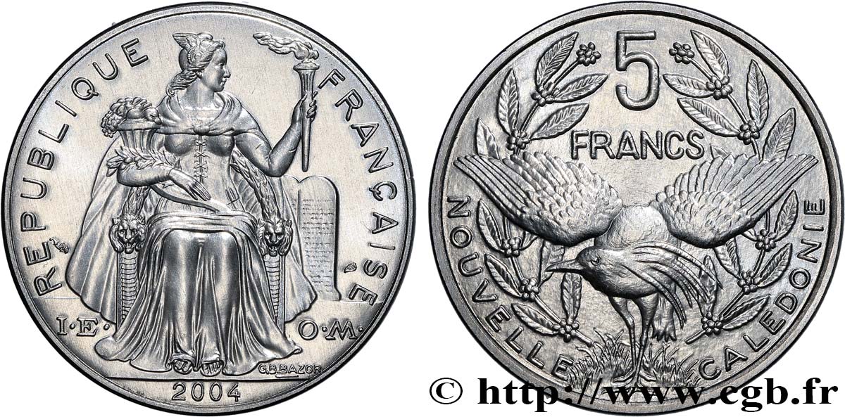 NEW CALEDONIA 5 Francs I.E.O.M. représentation allégorique de Minerve / Kagu, oiseau de Nouvelle-Calédonie 2004 Paris MS 