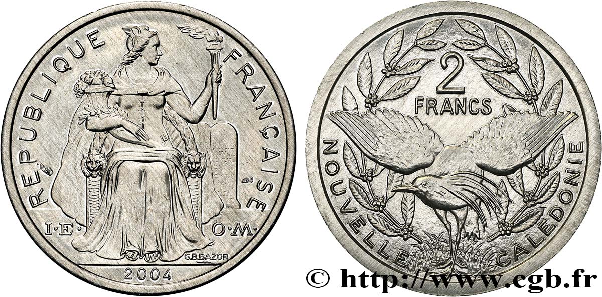 NOUVELLE CALÉDONIE 2 Francs I.E.O.M. représentation allégorique de Minerve / Kagu, oiseau de Nouvelle-Calédonie 2004 Paris FDC 
