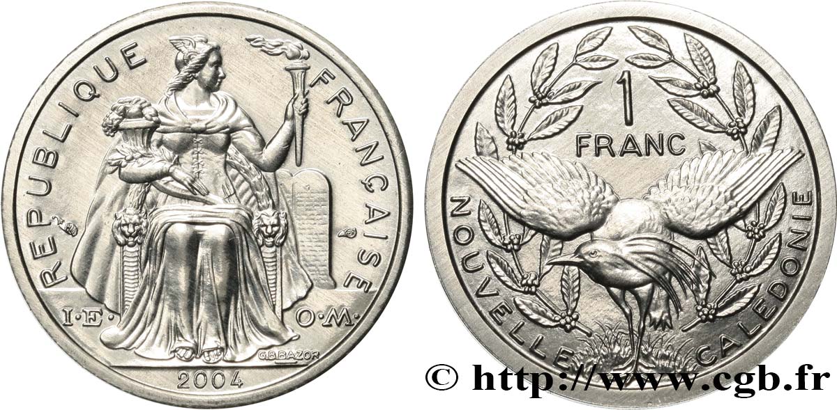 NOUVELLE CALÉDONIE 1 Franc I.E.O.M. représentation allégorique de Minerve / Kagu, oiseau de Nouvelle-Calédonie 2004 Paris FDC 