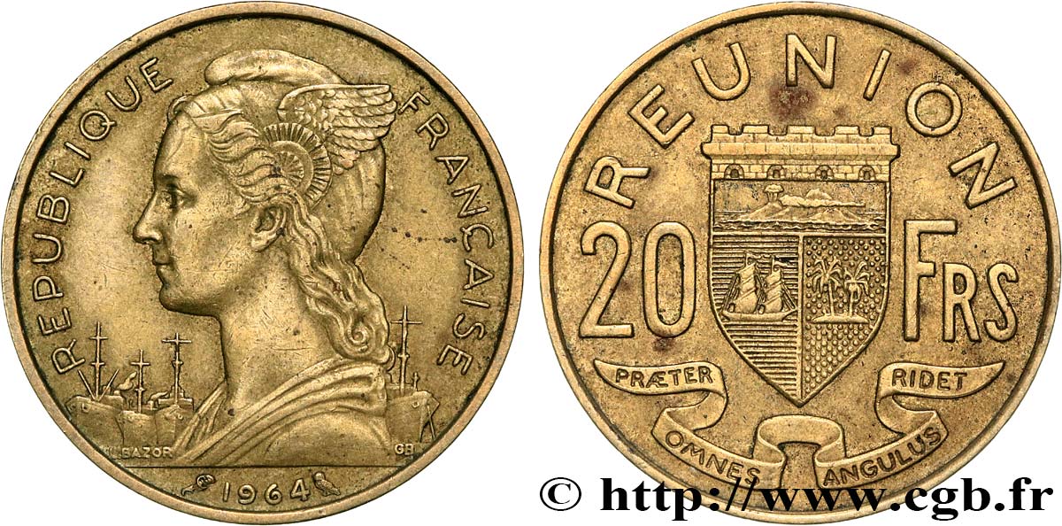 REUNION ISLAND 20 Francs Marianne / armes 1964 Paris XF 