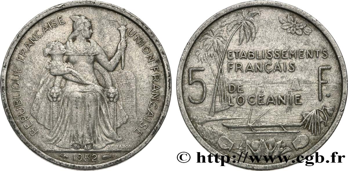 FRENCH POLYNESIA - French Oceania 5 Francs Établissements Français de l’Océanie 1952 Paris XF 