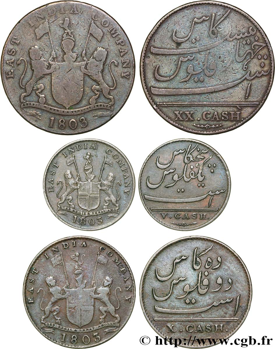 ISLE OF FRANCE (MAURITIUS) Lot V, X et XX Cash East India Company 1803 Madras VF 