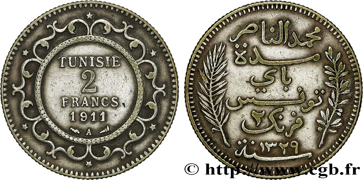 TUNISIE - PROTECTORAT FRANÇAIS 2 Francs au nom du Bey Mohamed En-Naceur an 1329 1911 Paris - A TTB 