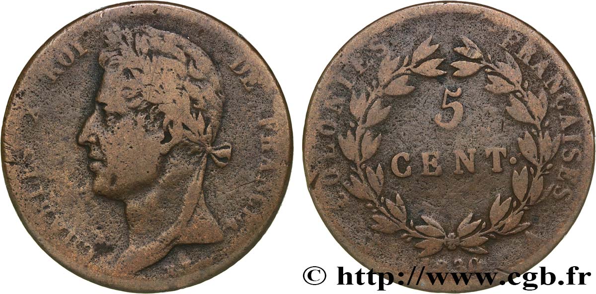 COLONIE FRANCESI - Carlo X, per Guyana 5 Centimes Charles X 1830 Paris - A q.MB 
