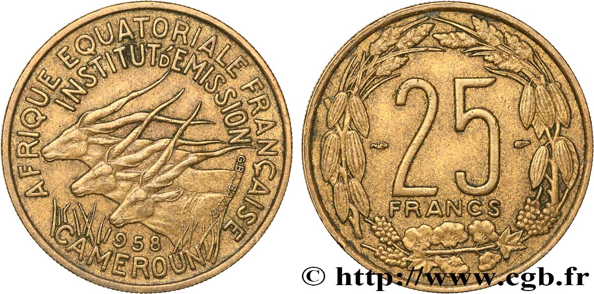 FRANZÖSISCHE EQUATORIAL AFRICA - KAMERUN 25 Francs antilopes 1958 Paris SS 