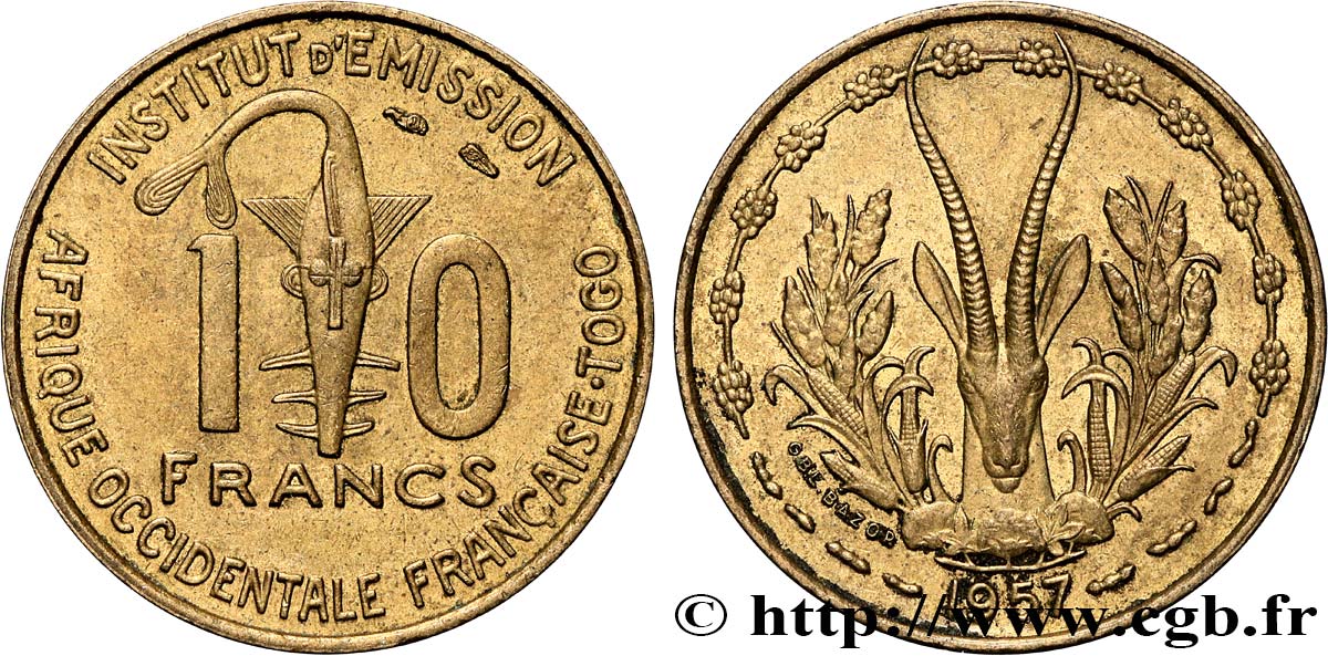 FRANZÖSISCHE WESTAFRIKA - TOGO 10 Francs masque / antilope 1957 Paris VZ 