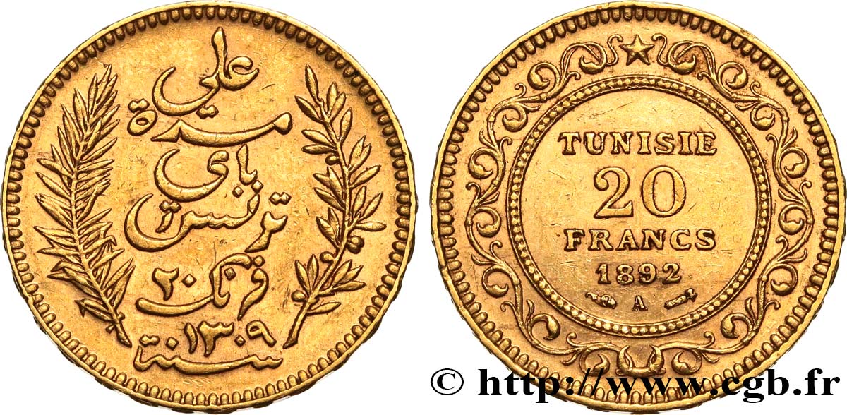 TUNISIA - FRENCH PROTECTORATE 20 Francs or Bey Ali AH1309 1892 Paris AU 