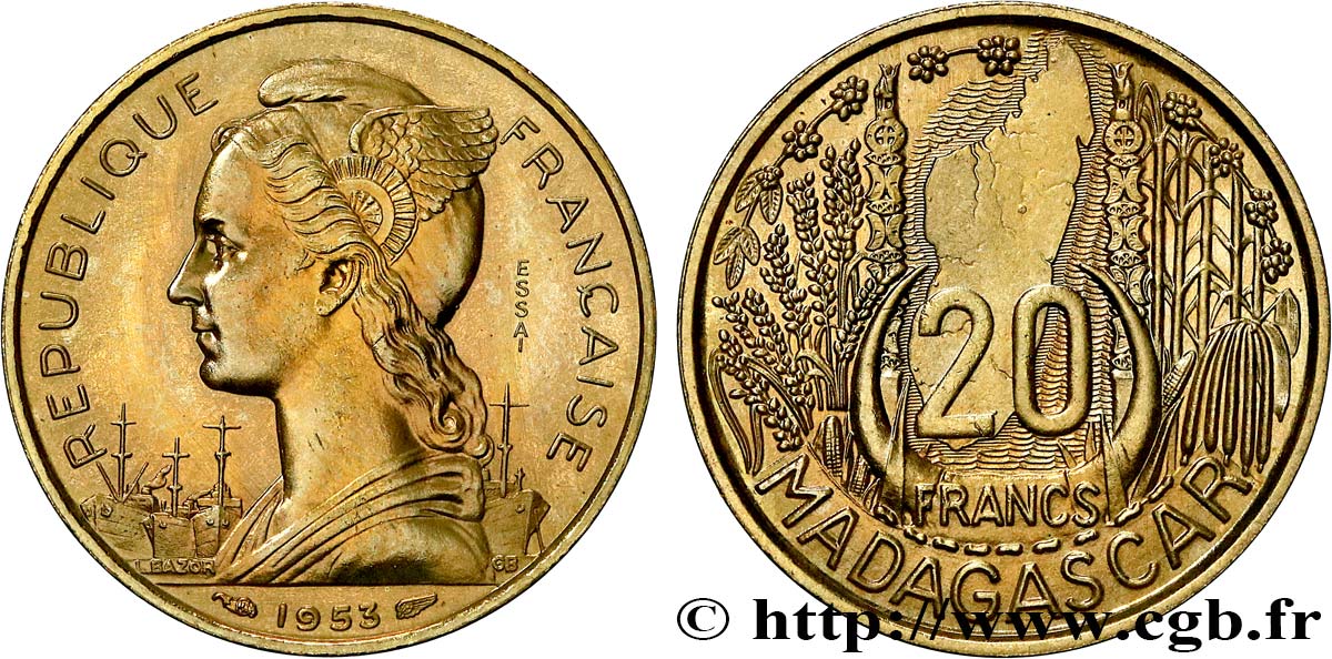 MADAGASCAR French Union Essai de 20 Francs 1953 Paris MS 