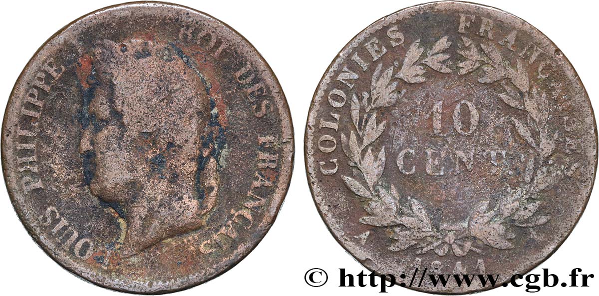 COLONIAS FRANCESAS - Louis-Philippe para Guadalupe 10 Centimes 1841 Paris RC+ 