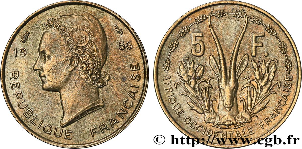 AFRICA OCCIDENTALE FRANCESA  5 Francs 1956 Paris SPL 
