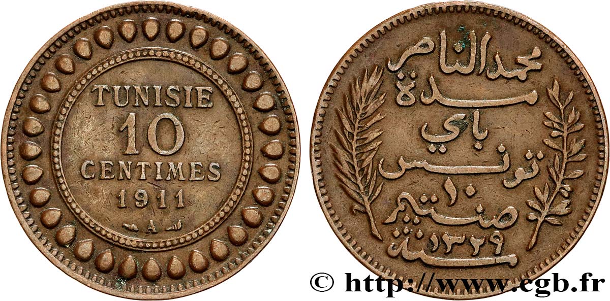 TUNISIA - French protectorate 10 Centimes AH1329 1911 Paris XF 