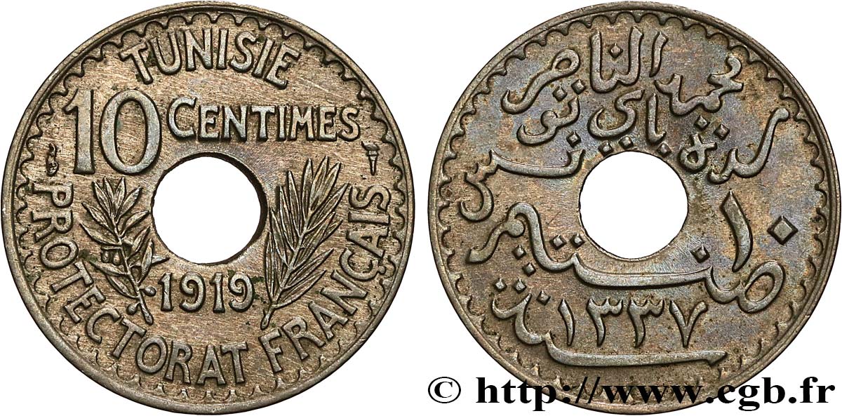 TUNESIEN - Französische Protektorate  10 Centimes AH 1337 1919 Paris VZ 