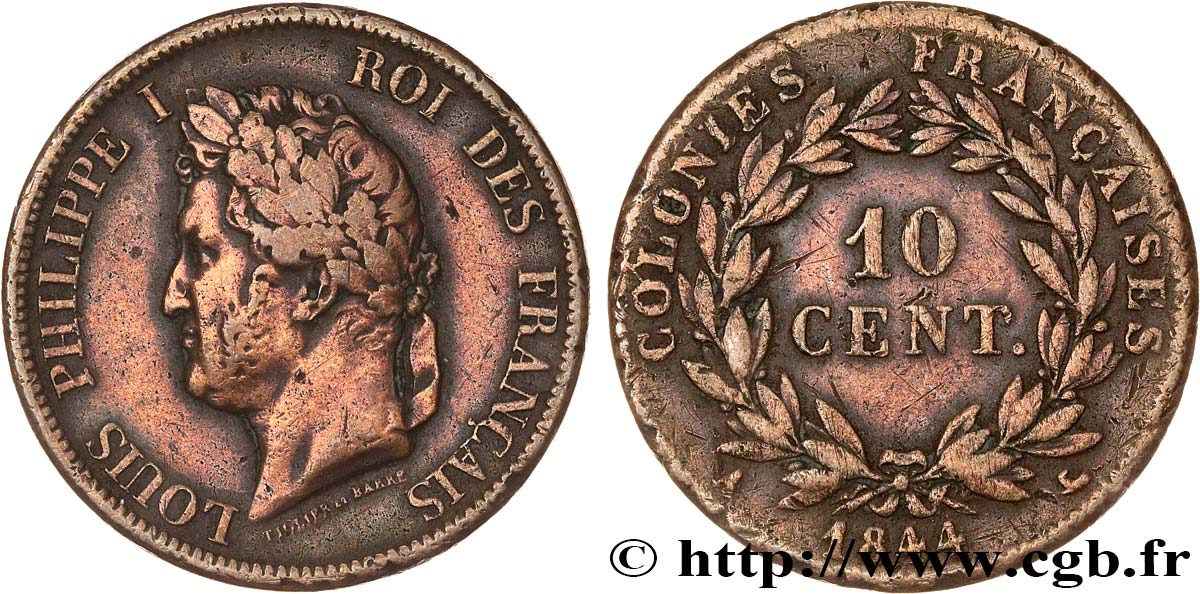 COLONIAS FRANCESAS - Louis-Philippe, para las Islas Marquesas 10 Centimes 1844 Paris BC+ 
