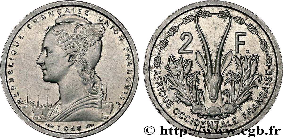 AFRIQUE OCCIDENTALE FRANÇAISE - UNION FRANÇAISE 2 Francs 1948 Paris SUP 