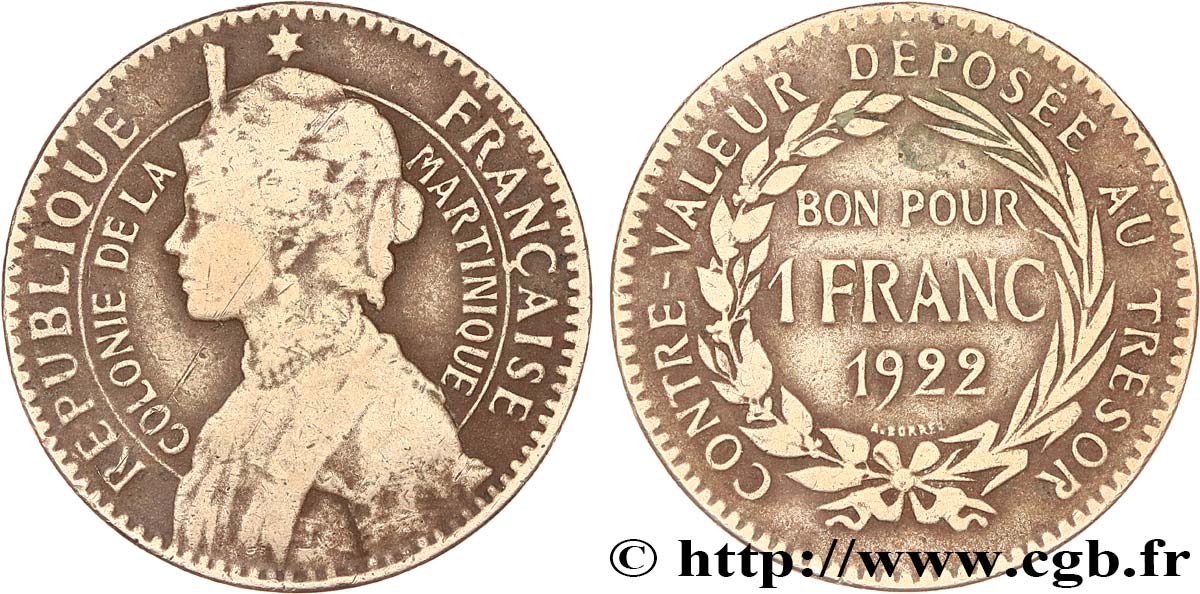 ÎLE DE LA MARTINIQUE Bon pour 1 Franc Colonie de la Martinique 1922 sans atelier TB 
