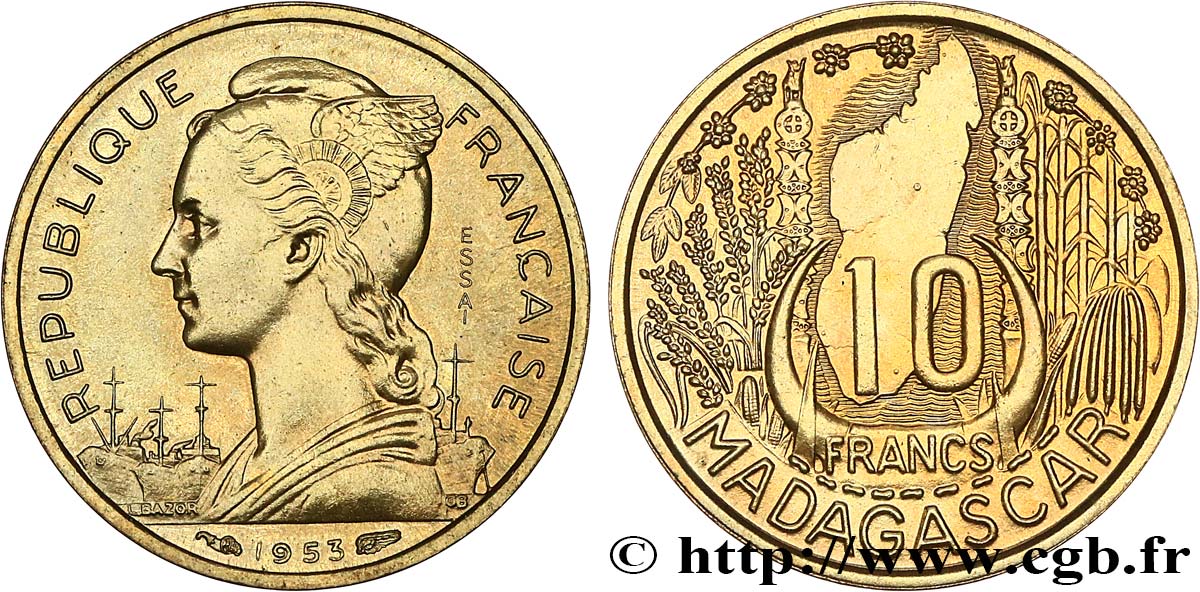 MADAGASCAR - UNIóN FRANCESA 10 Francs ESSAI 1953 Paris SC 