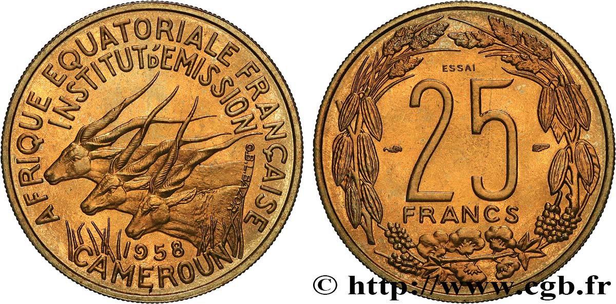 AFRICA ECUATORIAL FRANCESA - CAMERUN 25 Francs ESSAI 1958 Paris SC 