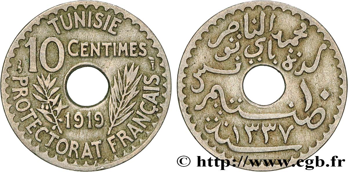 TUNEZ - Protectorado Frances 10 Centimes AH 1337 1919 Paris MBC 