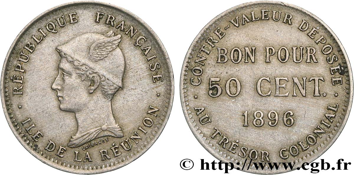 ÎLE DE LA RÉUNION - Troisième République 50 Centimes 1896 sans atelier TTB 