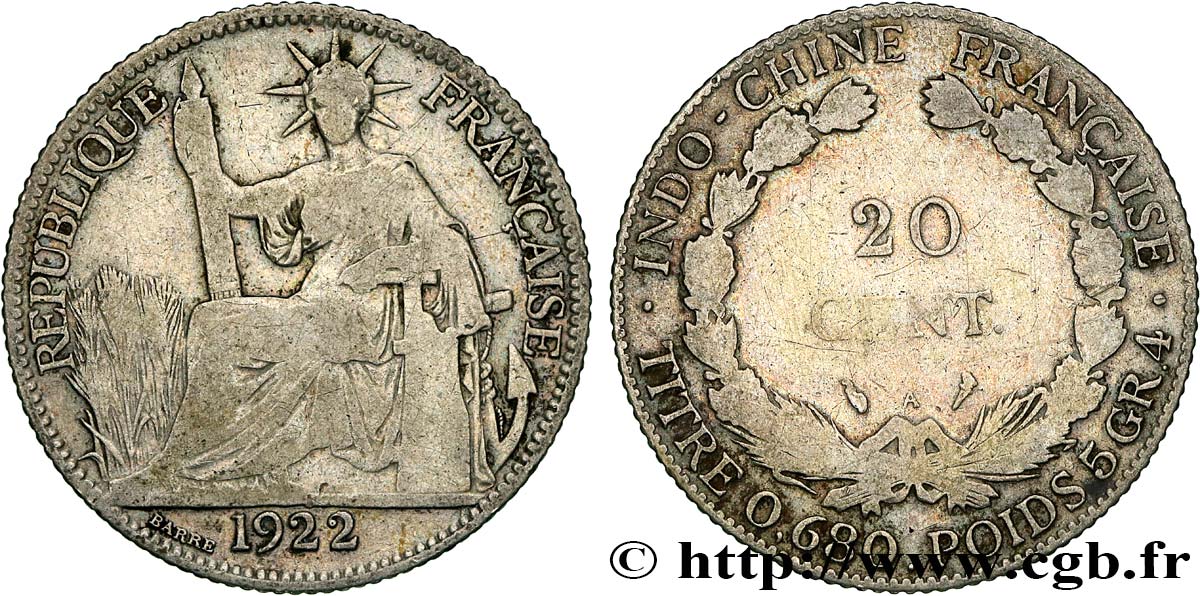 INDOCINA FRANCESE 20 Centièmes 1922 Paris MB 