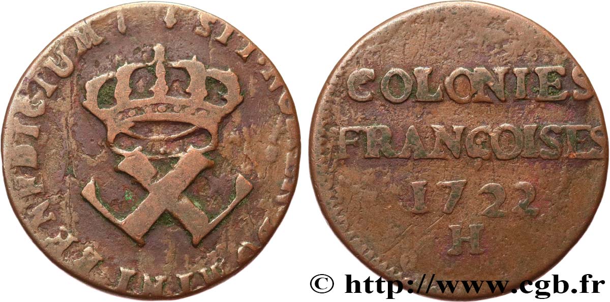 AMERICA - Establecimientos Franceses (Luisiana, Acadia, Canada) 9 Deniers, Colonies Françoises 1722 La Rochelle BC 