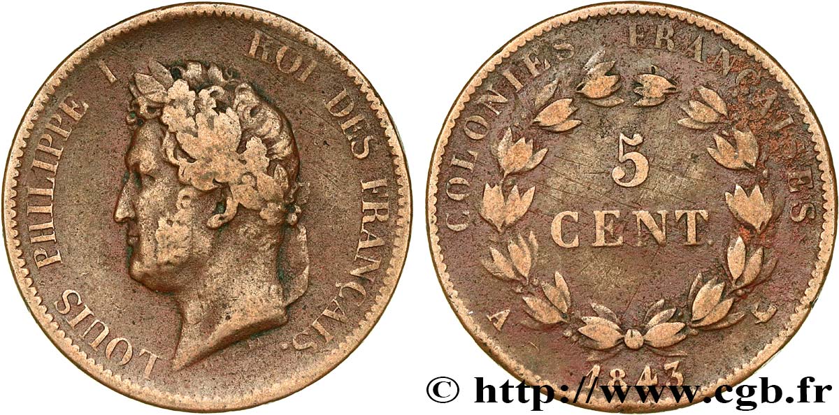 COLONIAS FRANCESAS - Louis-Philippe, para las Islas Marquesas 5 Centimes Louis Philippe Ier 1843 Paris - A BC+ 