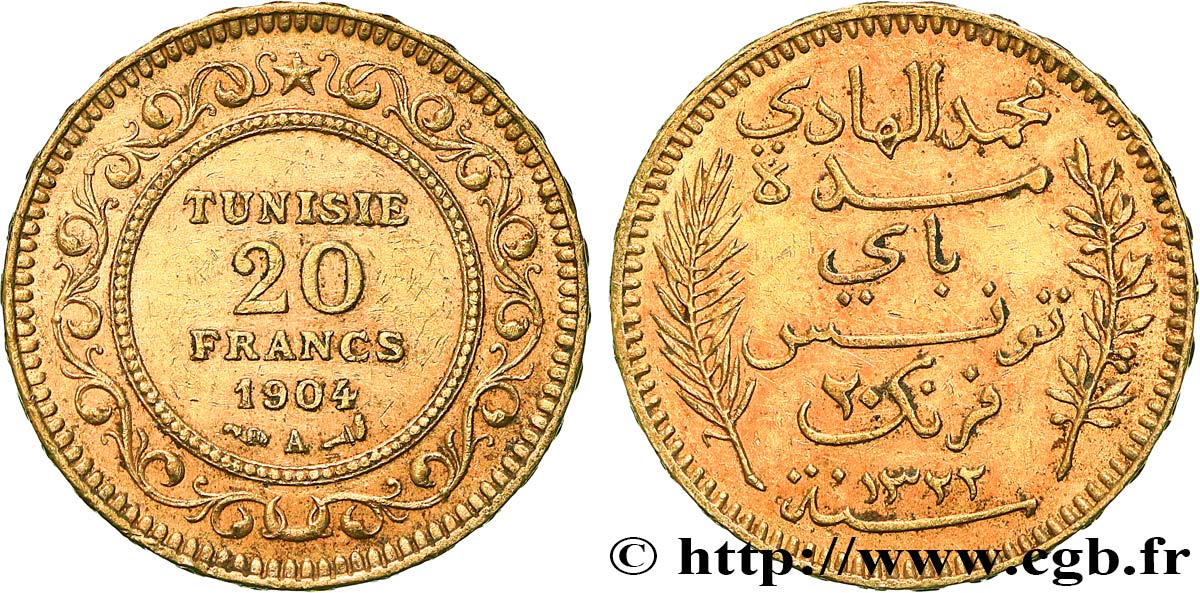 OR D INVESTISSEMENT 20 Francs or Bey Mohamed El Hadi AH 1321 1904 Paris TTB+ 