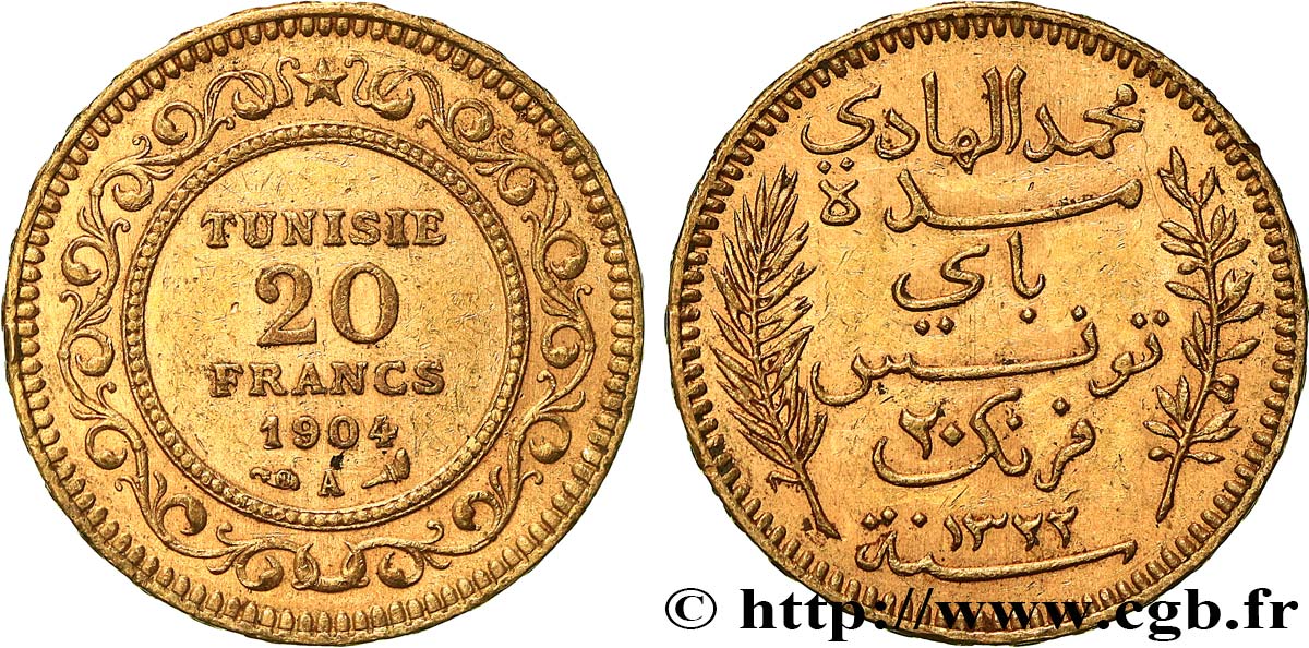 INVESTMENT GOLD 20 Francs or Bey Mohamed El Hadi AH 1321 1904 Paris fVZ 