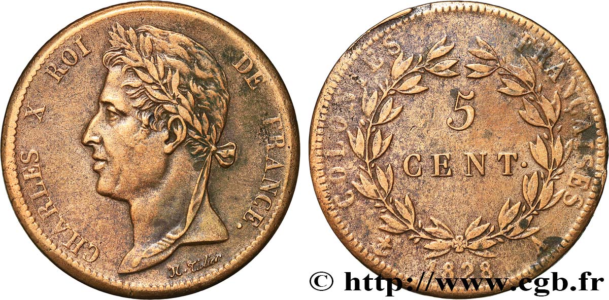 COLONIAS FRANCESAS - Charles X, para Guayana 5 Centimes Charles X 1828 Paris - A BC+ 