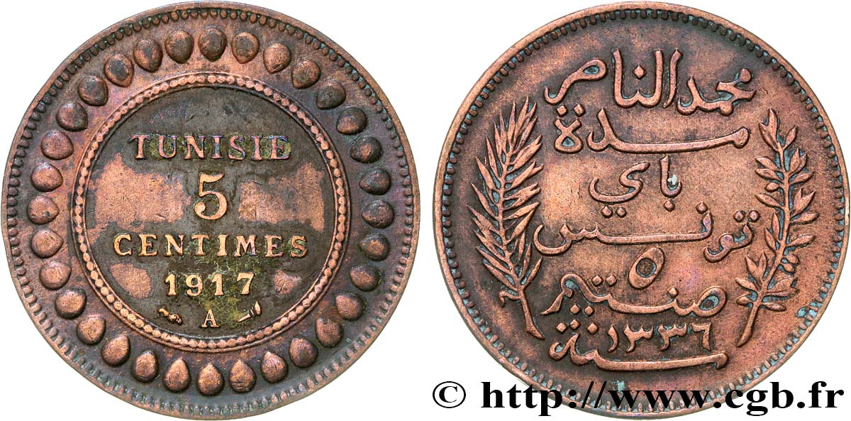 TUNISIA - French protectorate 5 Centimes AH1336 1917 Paris VF 