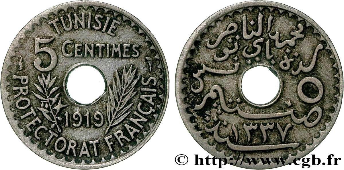 TUNESIEN - Französische Protektorate  5 Centimes AH 1337 1919 Paris SS 