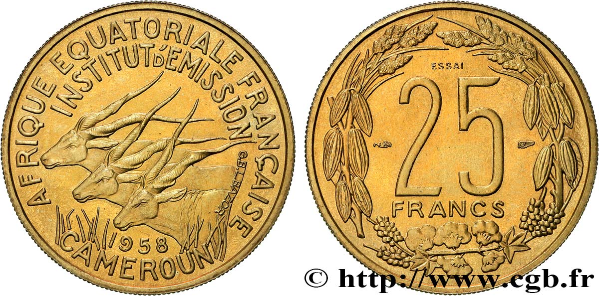 AFRIQUE ÉQUATORIALE FRANÇAISE - CAMEROUN 25 Francs ESSAI 1958 Paris SPL 