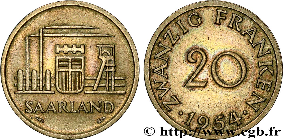 SAARLAND 20 Franken 1954 Paris XF 