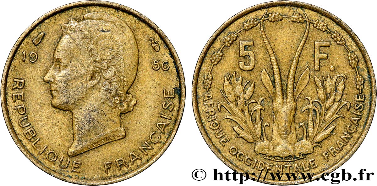 FRANZÖSISCHE WESTAFRIKA 5 Francs 1956 Paris SS 