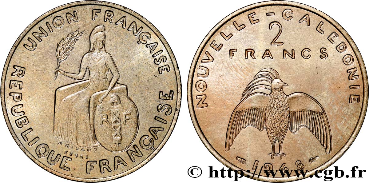 NOUVELLE CALÉDONIE Essai de 2 Francs avec listel en relief 1948 Paris SPL 