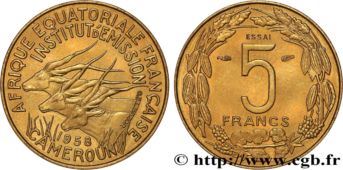 AFRICA EQUATORIALE FRANCESE - CAMERUN Essai de 5 Francs 1958 Paris MS 