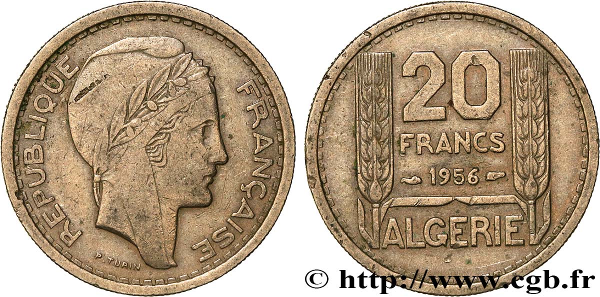 ALGERIA 20 Francs Turin 1956  VF 