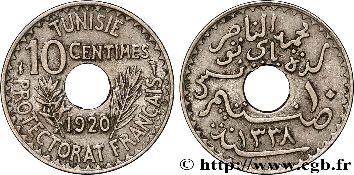 TUNISIA - French protectorate 10 Centimes AH1338 1920 Paris XF 