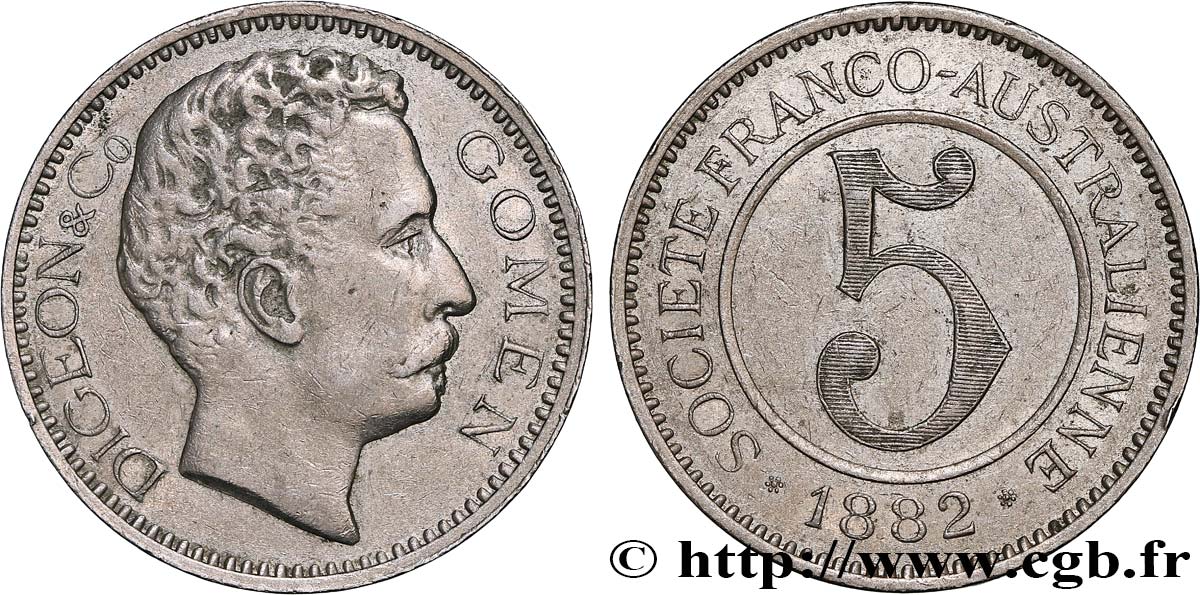 NOUVELLE CALÉDONIE 5 Francs Digeon &Co - Gomen 1882  TTB+ 