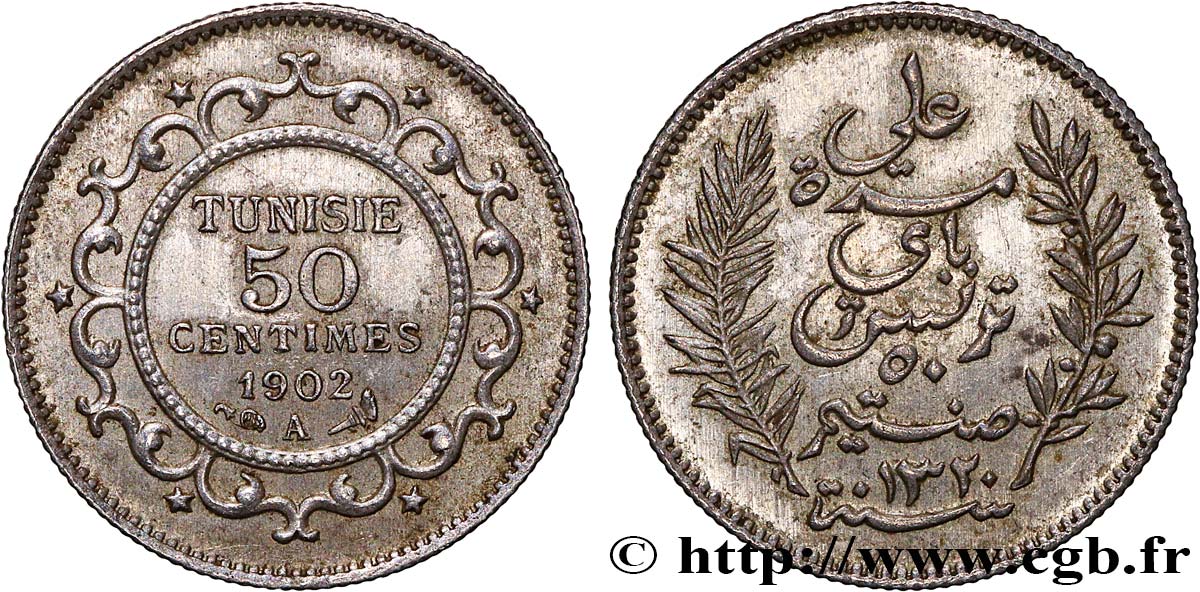 TUNISIA - French protectorate 50 Centimes AH 1320 1902 Paris AU 