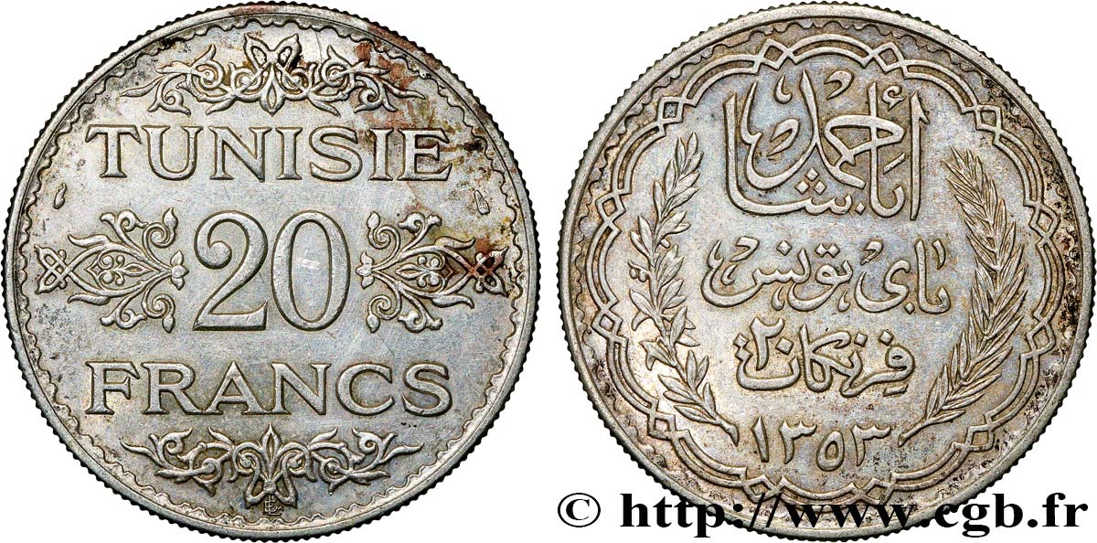 TUNEZ - Protectorado Frances 20 Francs au nom du Bey Ahmed an 1353 1934 Paris MBC+ 