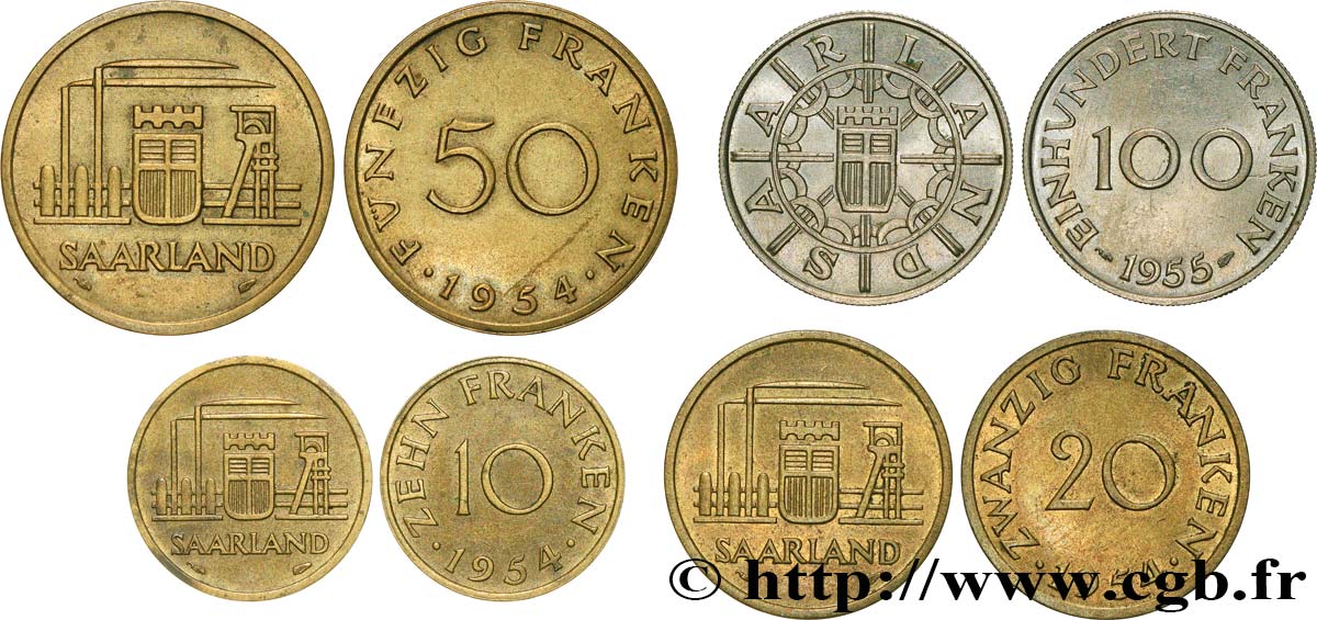 SAARLAND Lot 10, 20, 50 et Franken 1954-1955 Paris AU 