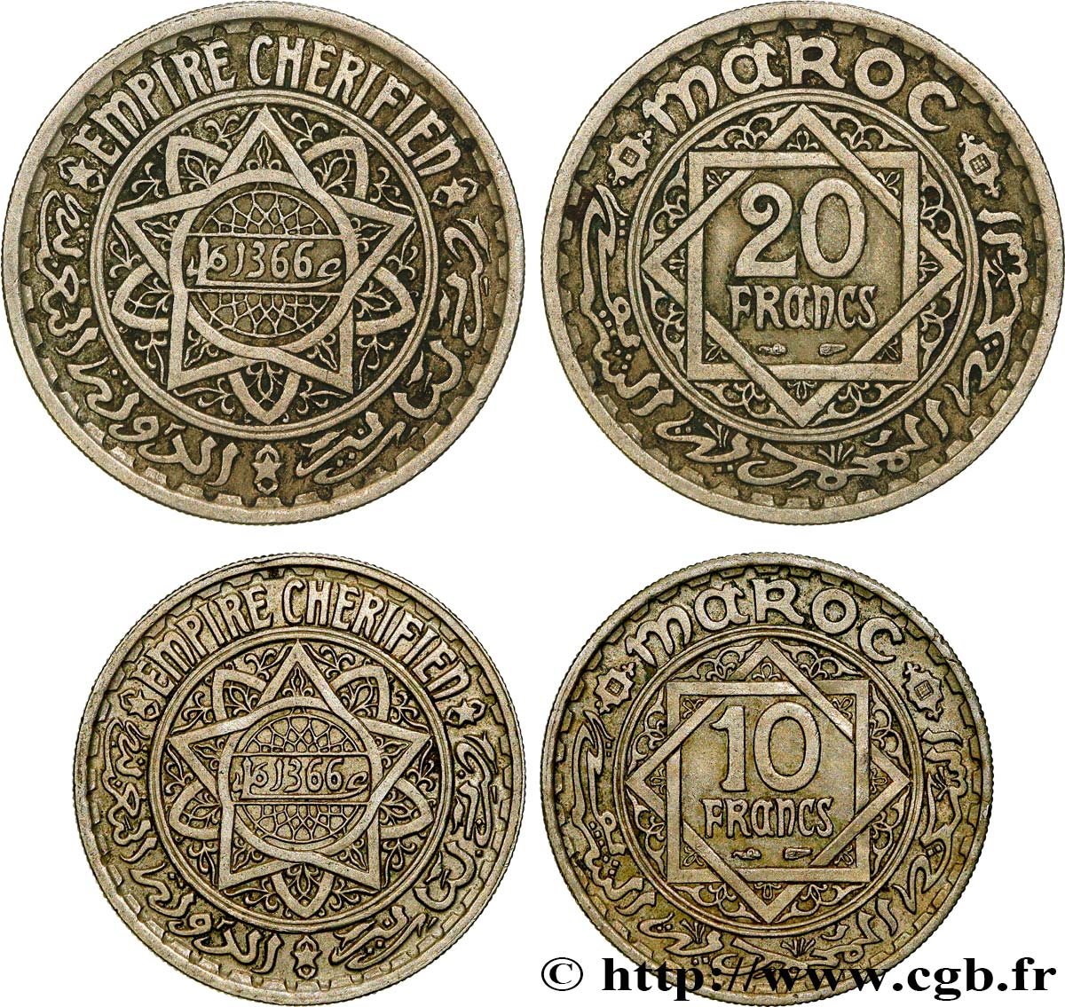 MARUECOS - PROTECTORADO FRANCÉS Lot de deux monnaies 10 et 20 Francs AH 1366 1947 Paris MBC+ 